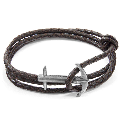 Admiral Anchor Silver and Braided Leather Bracelet - Dark Brown