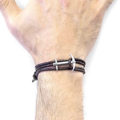 Admiral Anchor Silver and Braided Leather Bracelet - Dark Brown