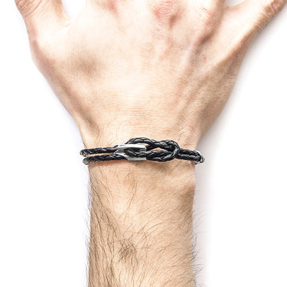 Padstow Silver and Braided Leather Bracelet - Coal Black